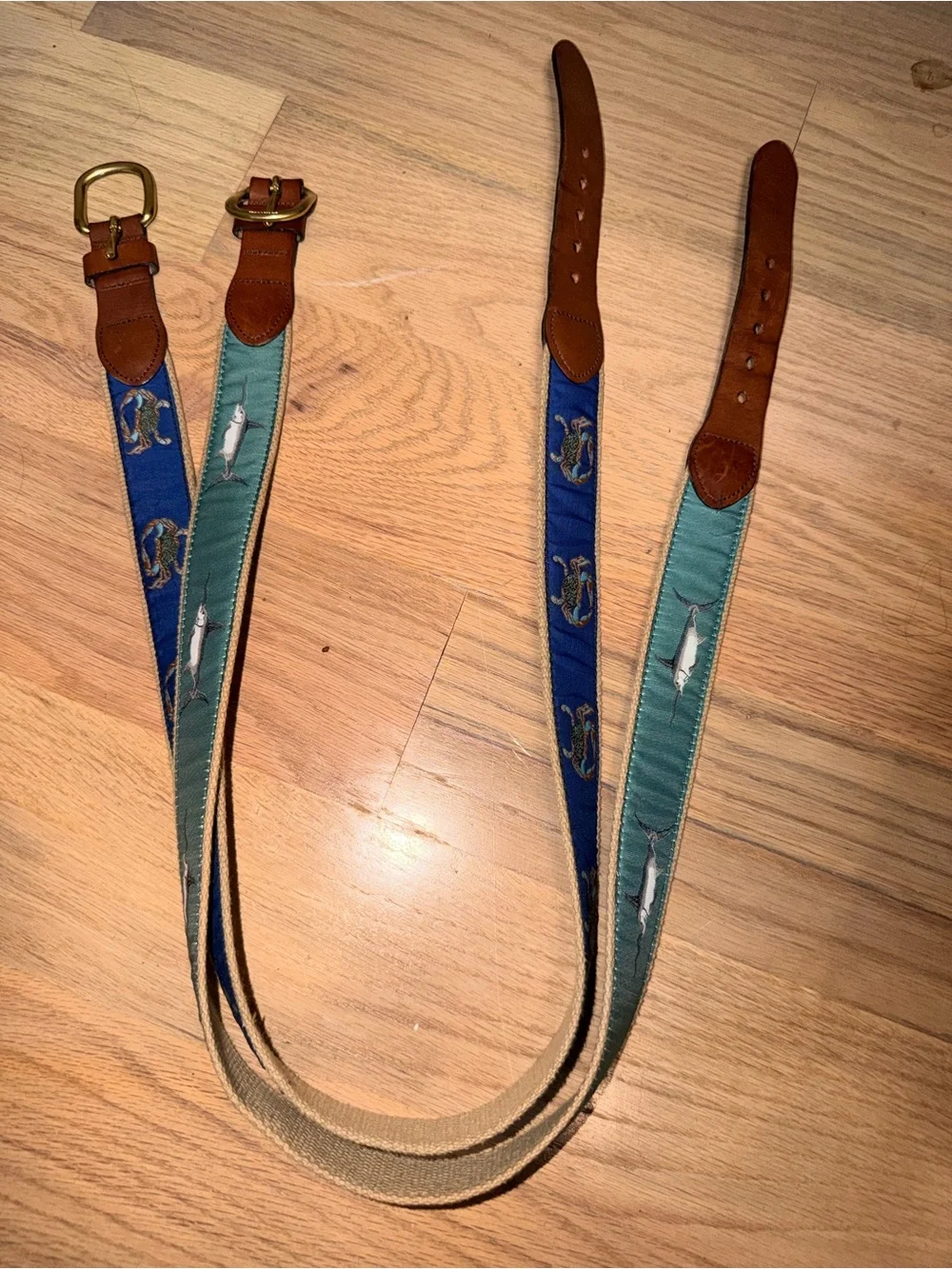 2 Leatherman Ltd Leather-Trim Nautical Canvas Ribbon Belts-Marlin and Crabs -34”